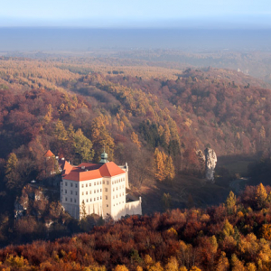 Ojcow, Zamek Krolewski w Pieskowej Skale. EU, PL, Malopolska. Lotnicze.